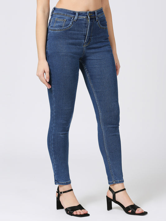 Cefalu Mid Blue High Waist Skinny Fit Jeans For Women