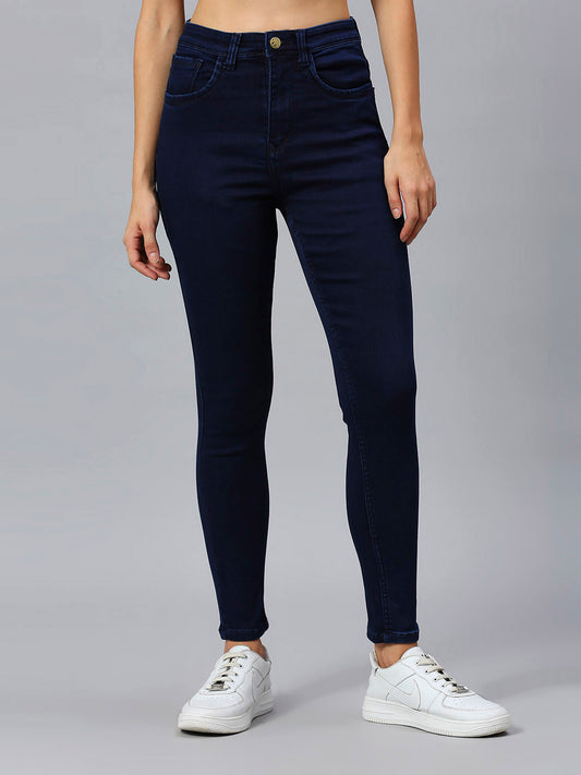 Cefalu Dark Blue High Waist Skinny Fit Jeans For Women