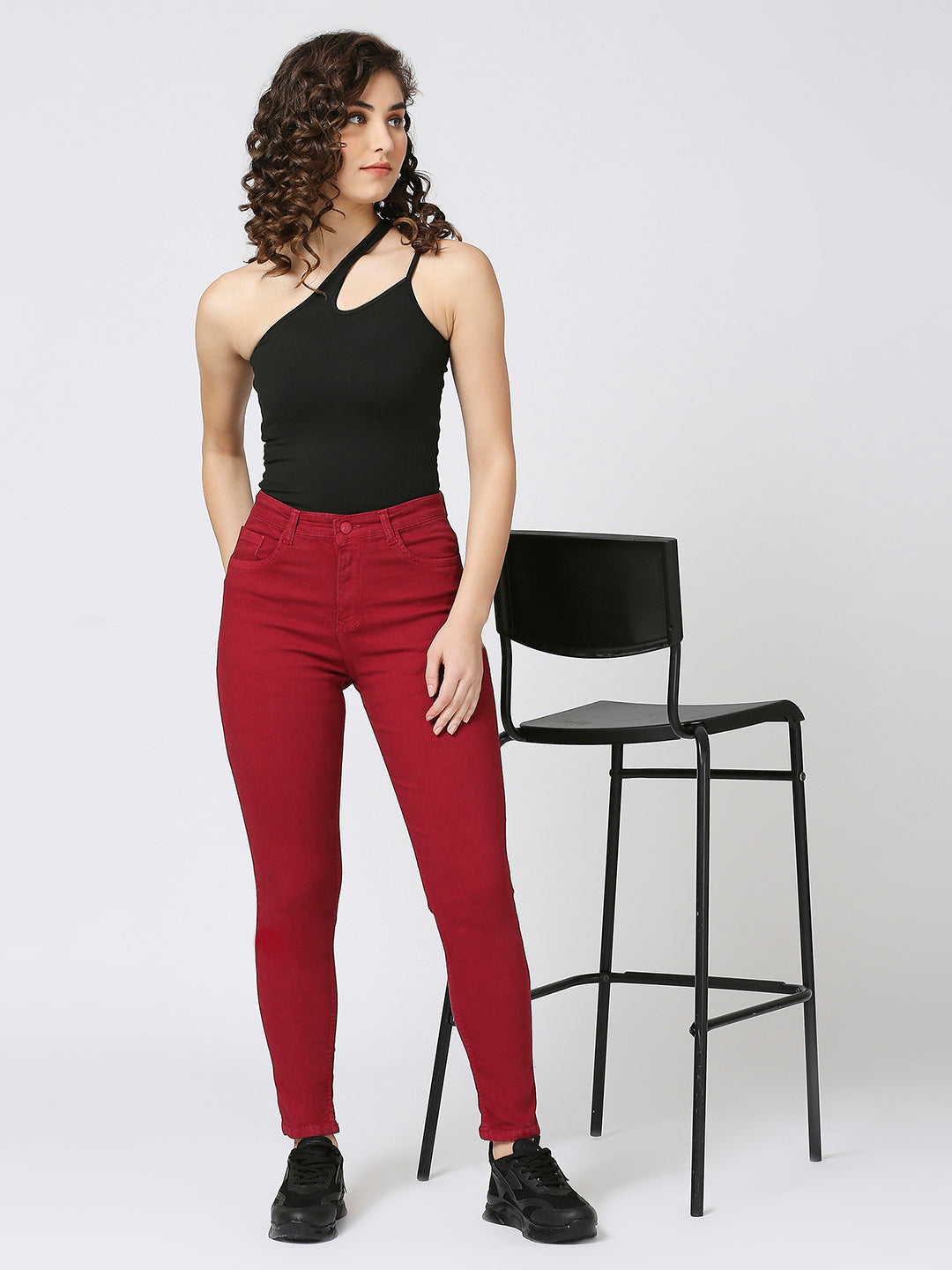 Cefalu Women's Maroon Slim Fit High Rise Regular Length Clean Look Denim Stretchable Jeans