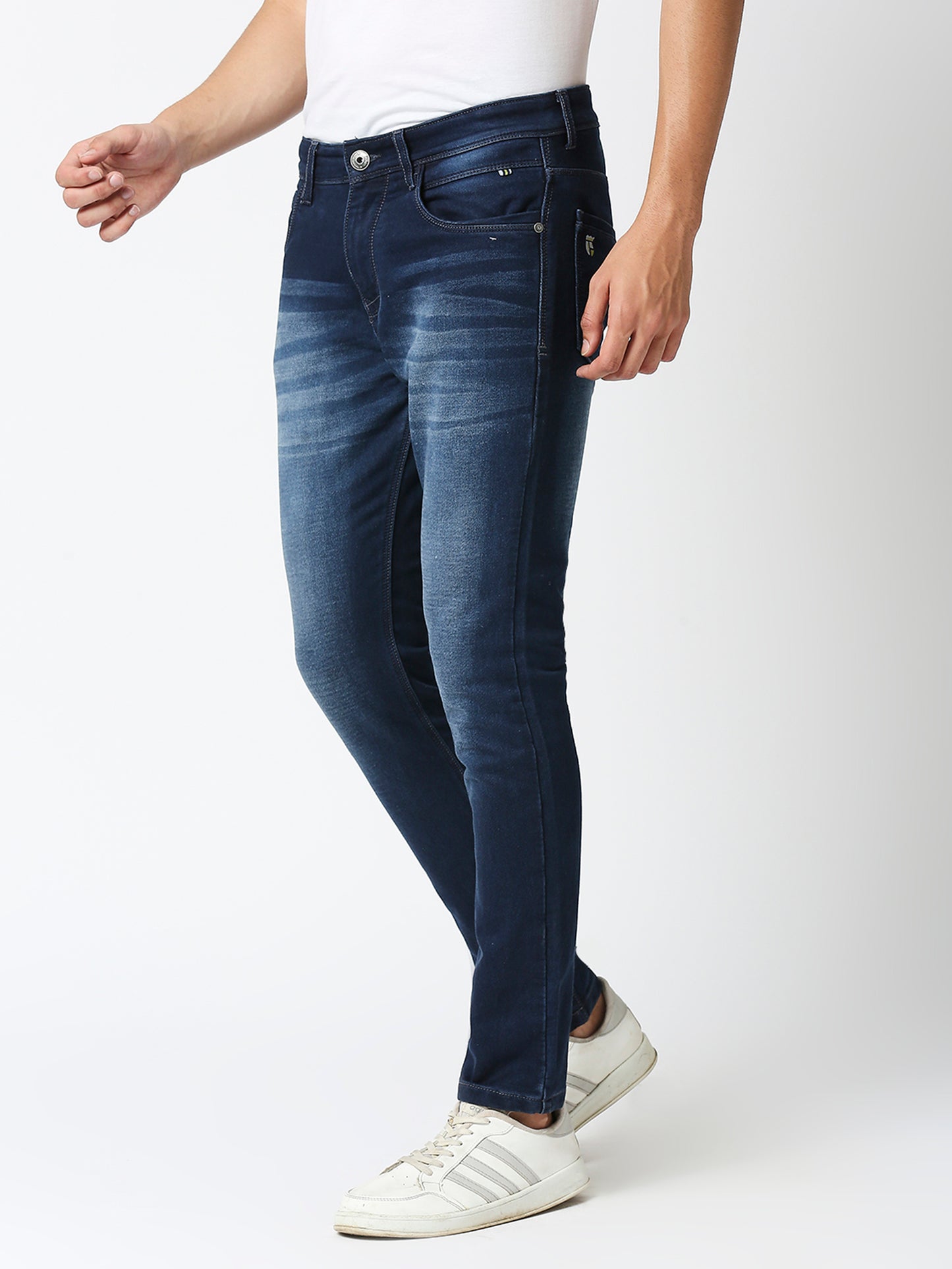 TCI Men's Ink Blue Slim Fit Stretchable Cotton knits Jeans with Whisker Details