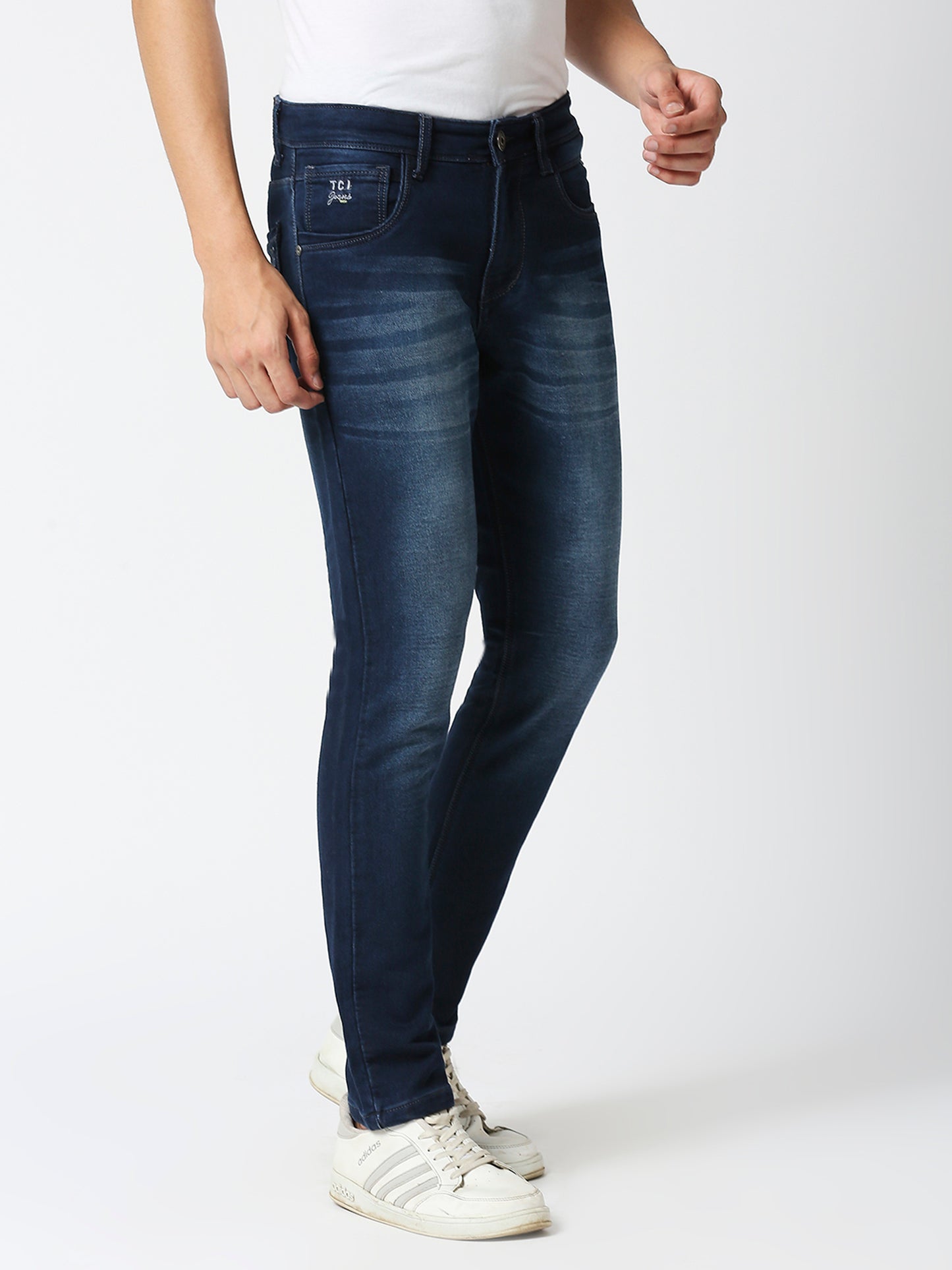 TCI Men's Ink Blue Slim Fit Stretchable Cotton knits Jeans with Whisker Details