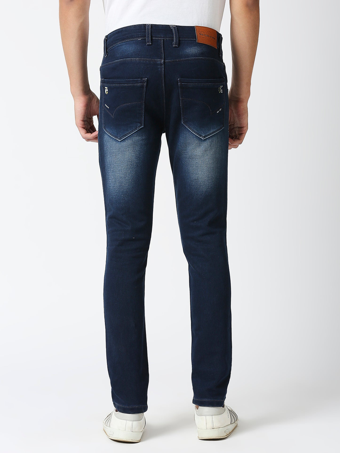 TCI Men's Ink Blue Slim Fit Stretchable Cotton knits Jeans with Whisker Details