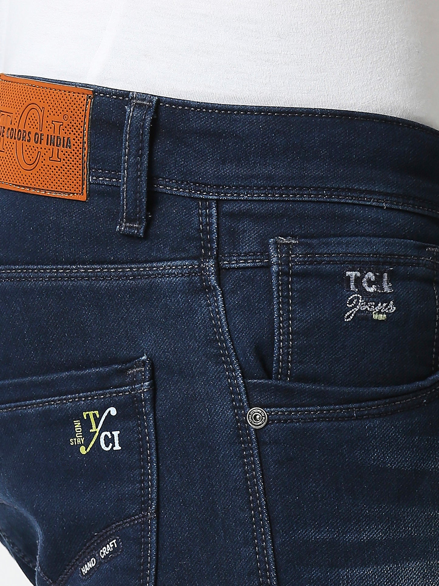 TCI Men's Ink Blue Slim Fit Stretchable Cotton knits Jeans with Whisker Details