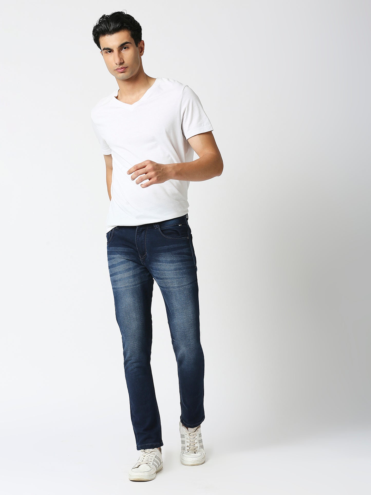 TCI Men's Ink Blue Slim Fit Stretchable Cotton knits Jeans with Whisker Details