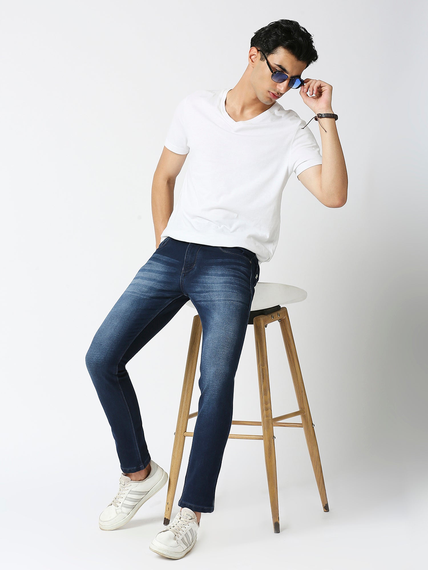 TCI Men's Ink Blue Slim Fit Stretchable Cotton knits Jeans  with Whisker Details