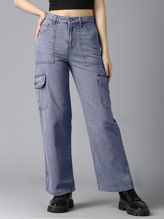 Cefalu Women's Grey Denim Cargo Pants - High-Waisted, Wide-Leg with Utility Pockets, Trendy Streetwear