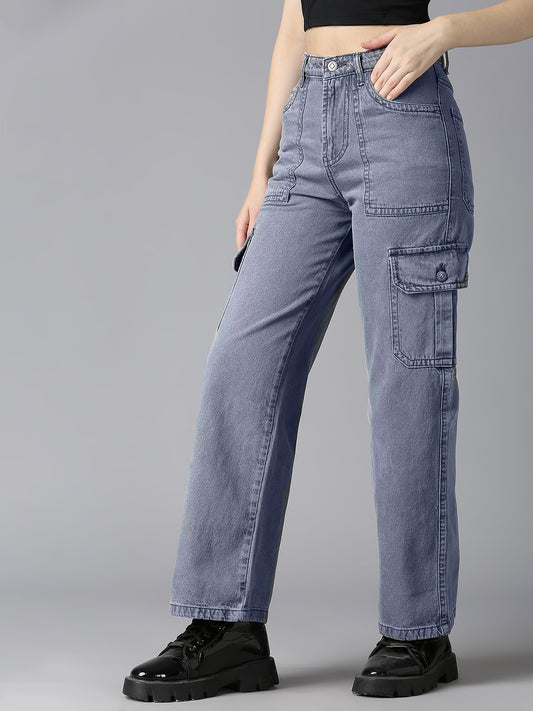 Side view of Cefalu Grey Denim Cargo Pants - Relaxed Fit with Buttoned Utility Pockets, Casual Fashion