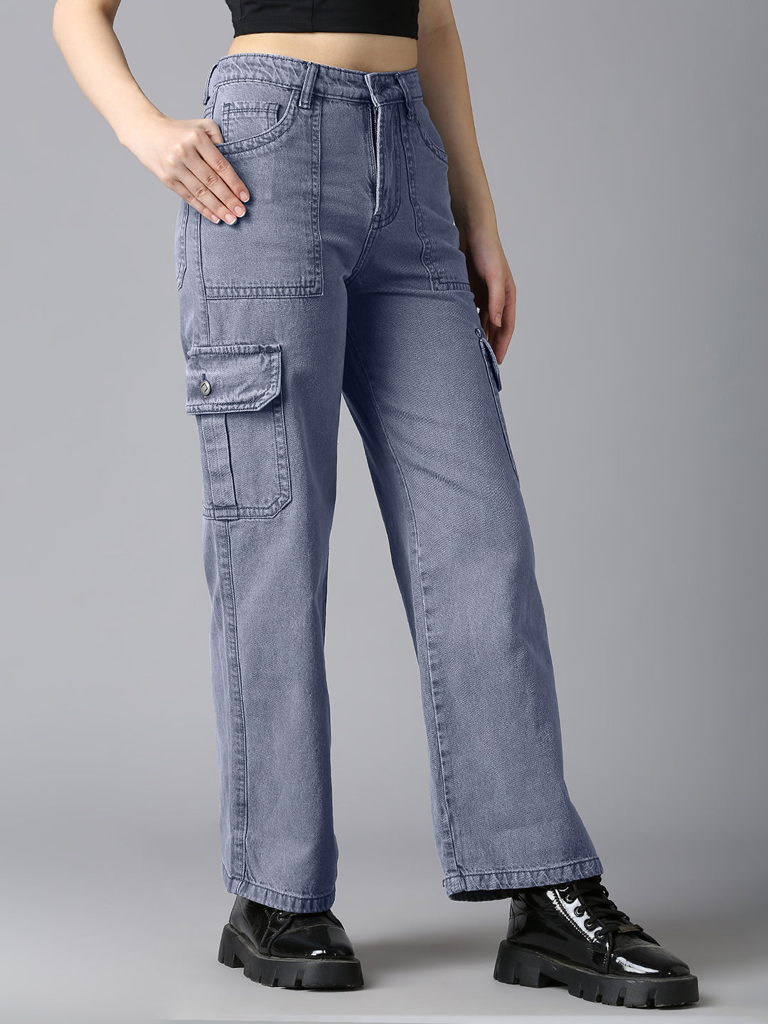 Angled view of Cefalu Women's Cargo Jeans - High Waist, Multiple Pockets, Stylish and Comfortable