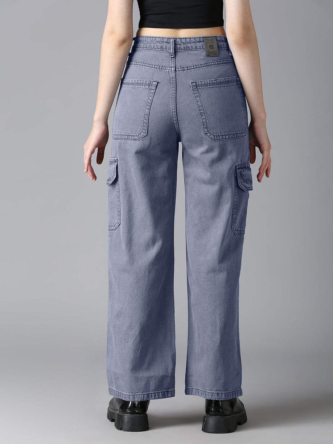 Back view of Cefalu Grey Cargo Pants - Functional Pocket Design, Wide-Leg Fit, Modern Street Style