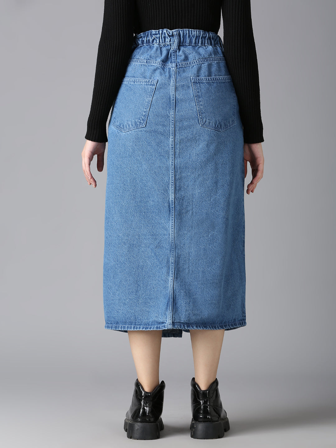Back view of Cefalu Light Blue Denim Skirt - Elastic Waistband with Patch Pockets, Casual Street Style