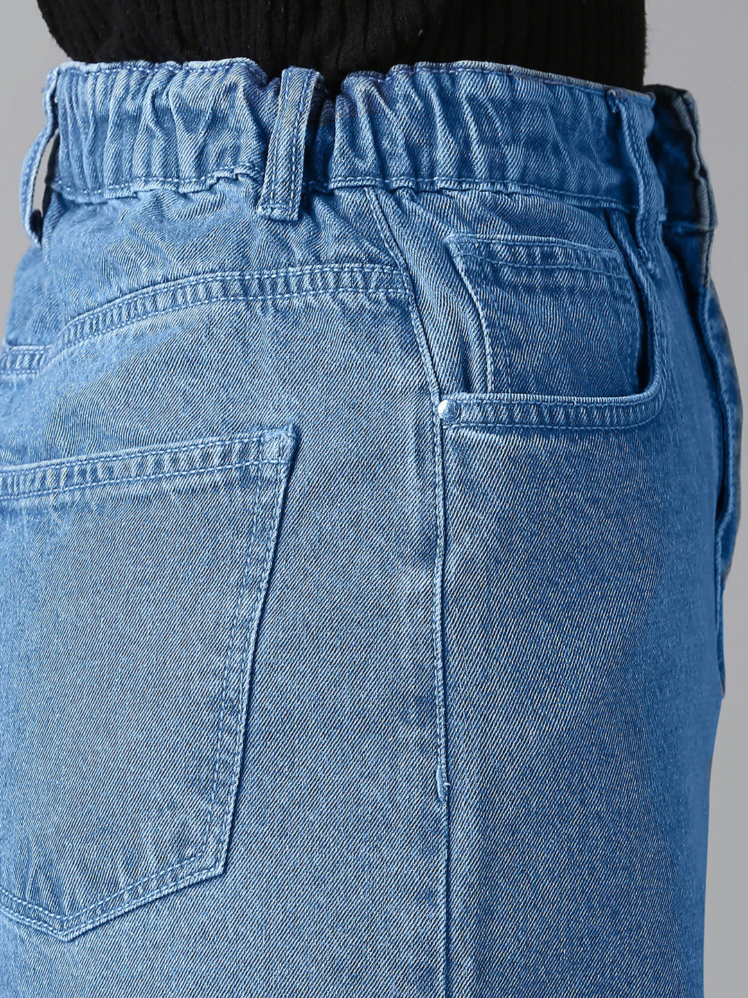Close-up of Cefalu Light Blue Denim Midi Skirt - High-Waist with Belt Loops and Classic Stitch Detailing