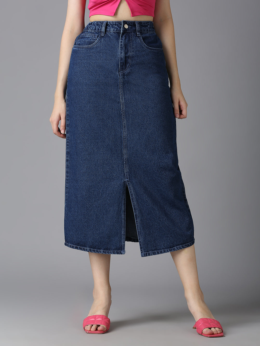 Cefalu Women's Dark Blue Denim Midi Skirt - High-Waisted, Front Slit, Casual & Chic Fashion