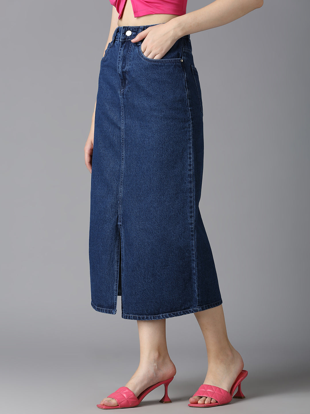 Angled view of Cefalu Women's Dark Blue Denim Midi Skirt - Stylish High-Rise Fit with Slit for Comfortable Movement