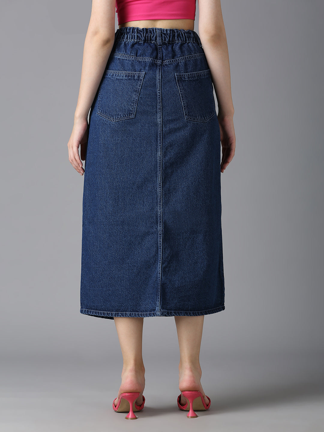 Back view of Cefalu Dark Blue Denim Skirt - Elastic Waistband with Patch Pockets, Casual Street Style