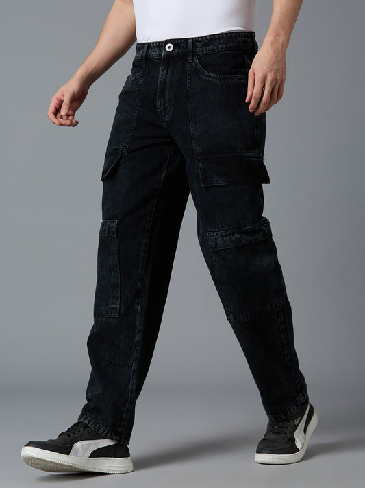 Side view of TCI Men's Black Cargo Jeans - Utility Pockets, Straight-Leg Fit