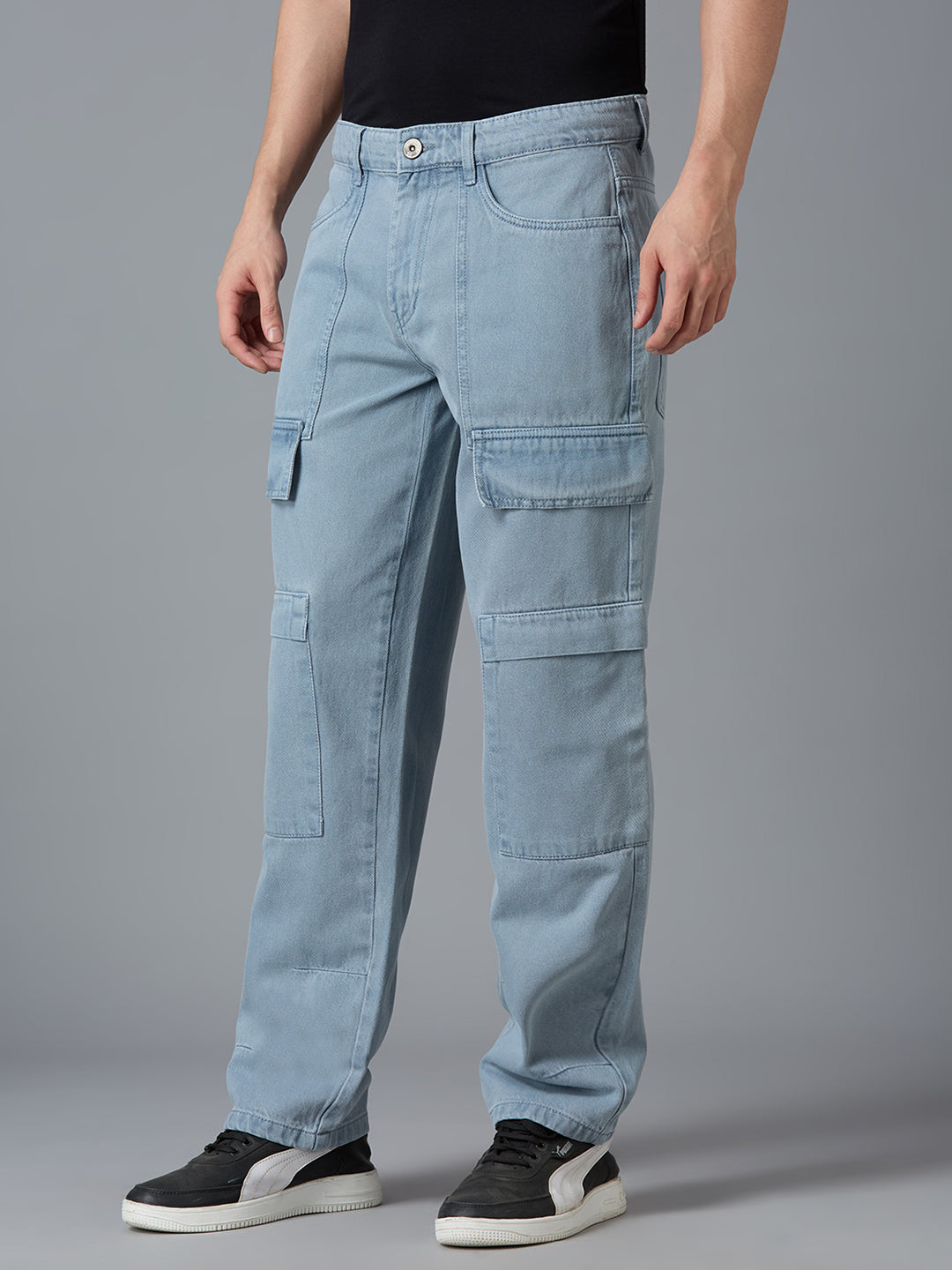 Side view of TCI Men's Grey Cargo Jeans - Utility Pockets, Straight-Leg Fit