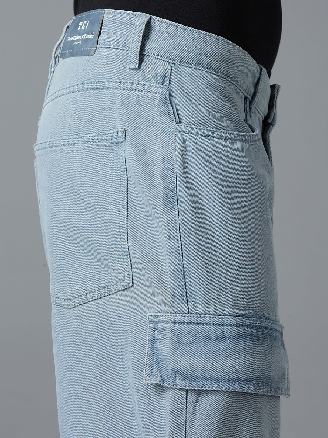 Closeup view of TCI Men's Grey Cargo Jeans - Waistband with Functional Pockets And detailing of stitching