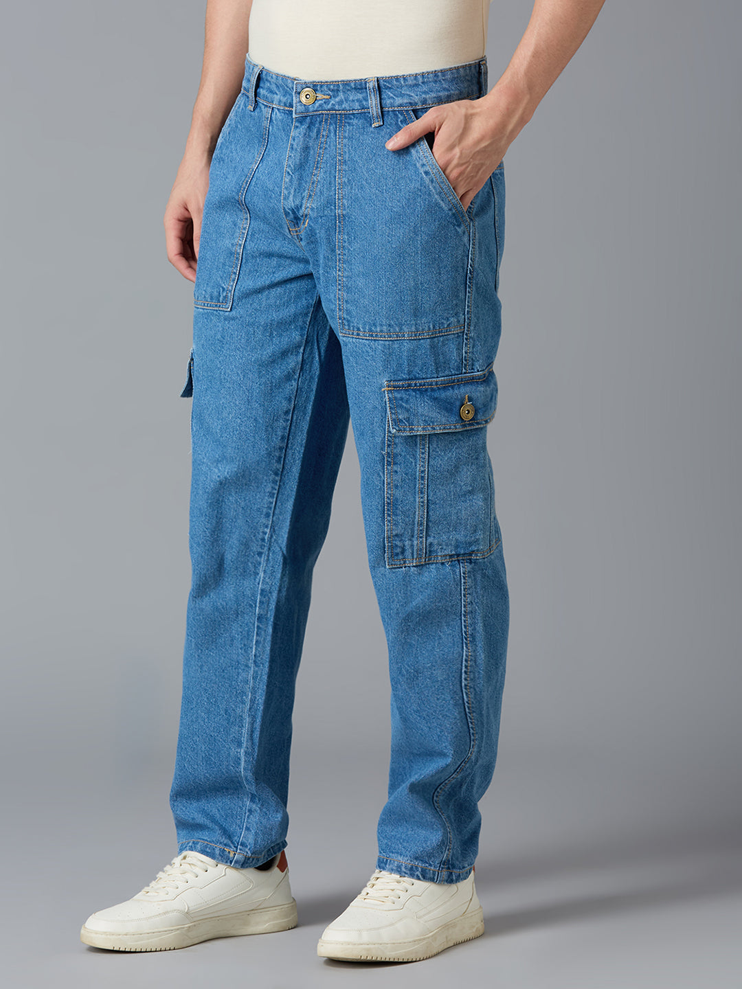 Side view of TCI Men's Blue Cargo Jeans - Utility Pockets, Straight-Leg Fit