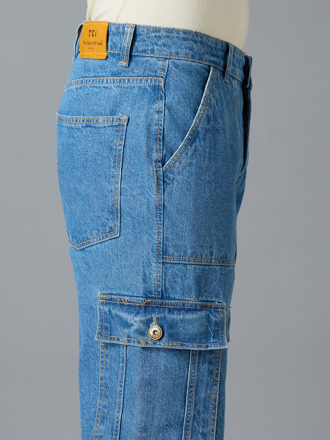 Close-up view of TCI Men's Blue Cargo Jeans