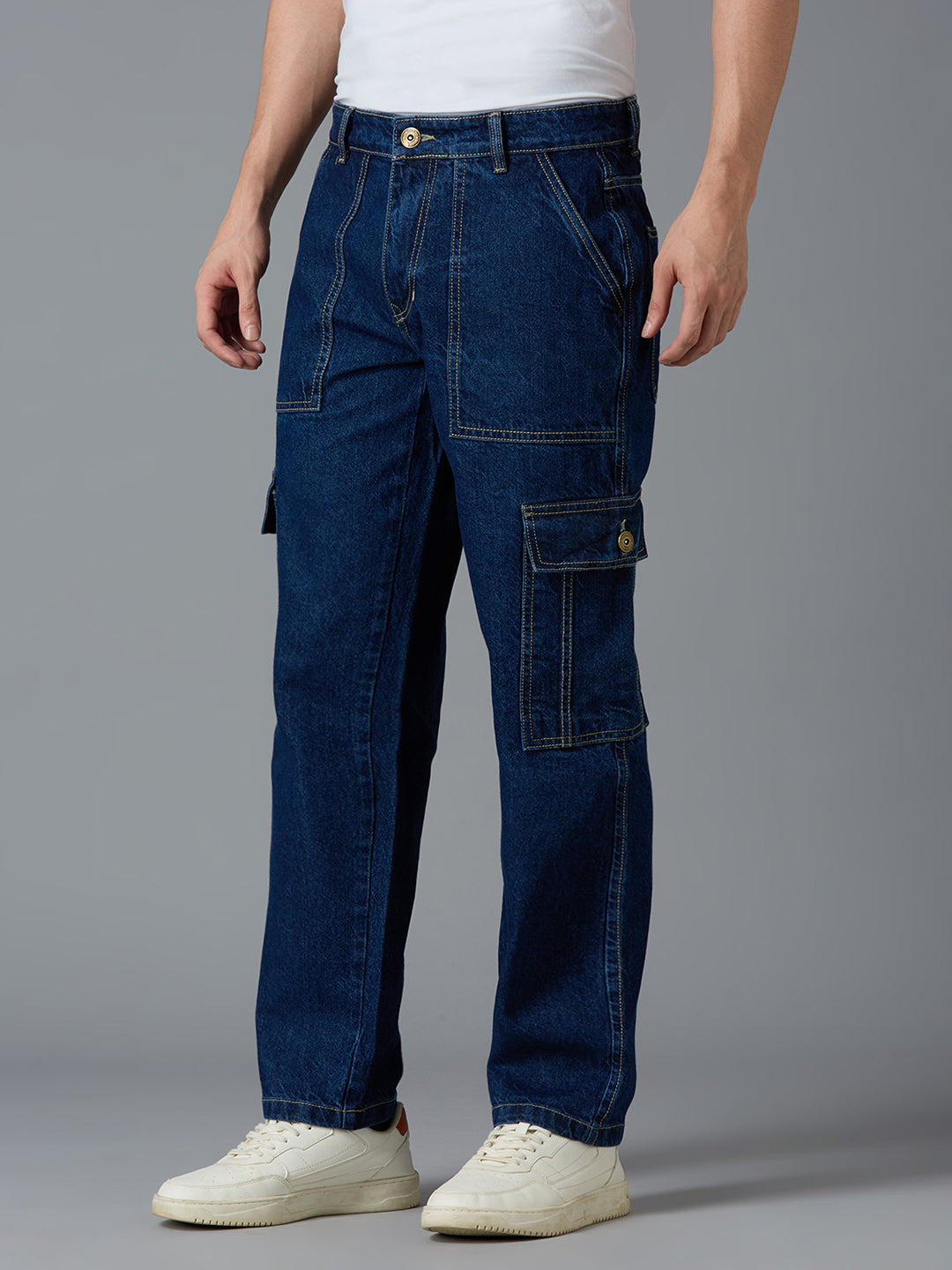 Side view of TCI Men's Dark Blue Cargo Jeans - Utility Pockets, Straight-Leg Fit