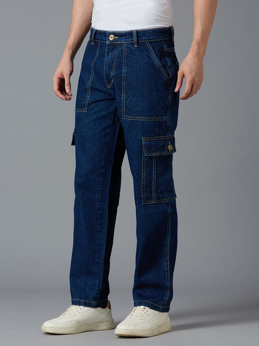 Side view of TCI Men's Dark Blue Cargo Jeans - Utility Pockets, Straight-Leg Fit