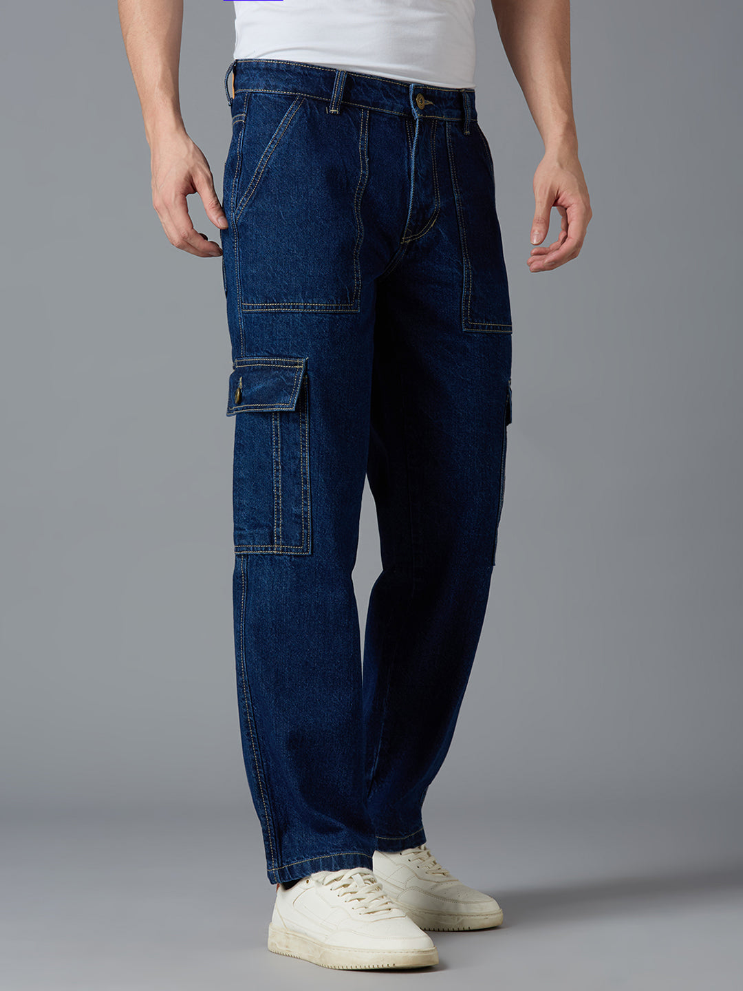 Angled view of TCI Men's Dark Blue Cargo Denim Pants - Stylish & Comfortable for Casual Wear