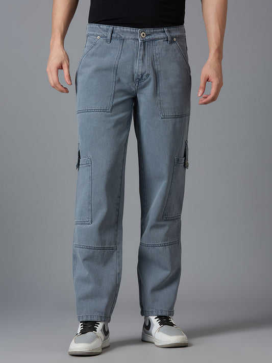 TCI Men's Dark Grey Denim Cargo Pants - Relaxed Fit, Stylish Utility Design