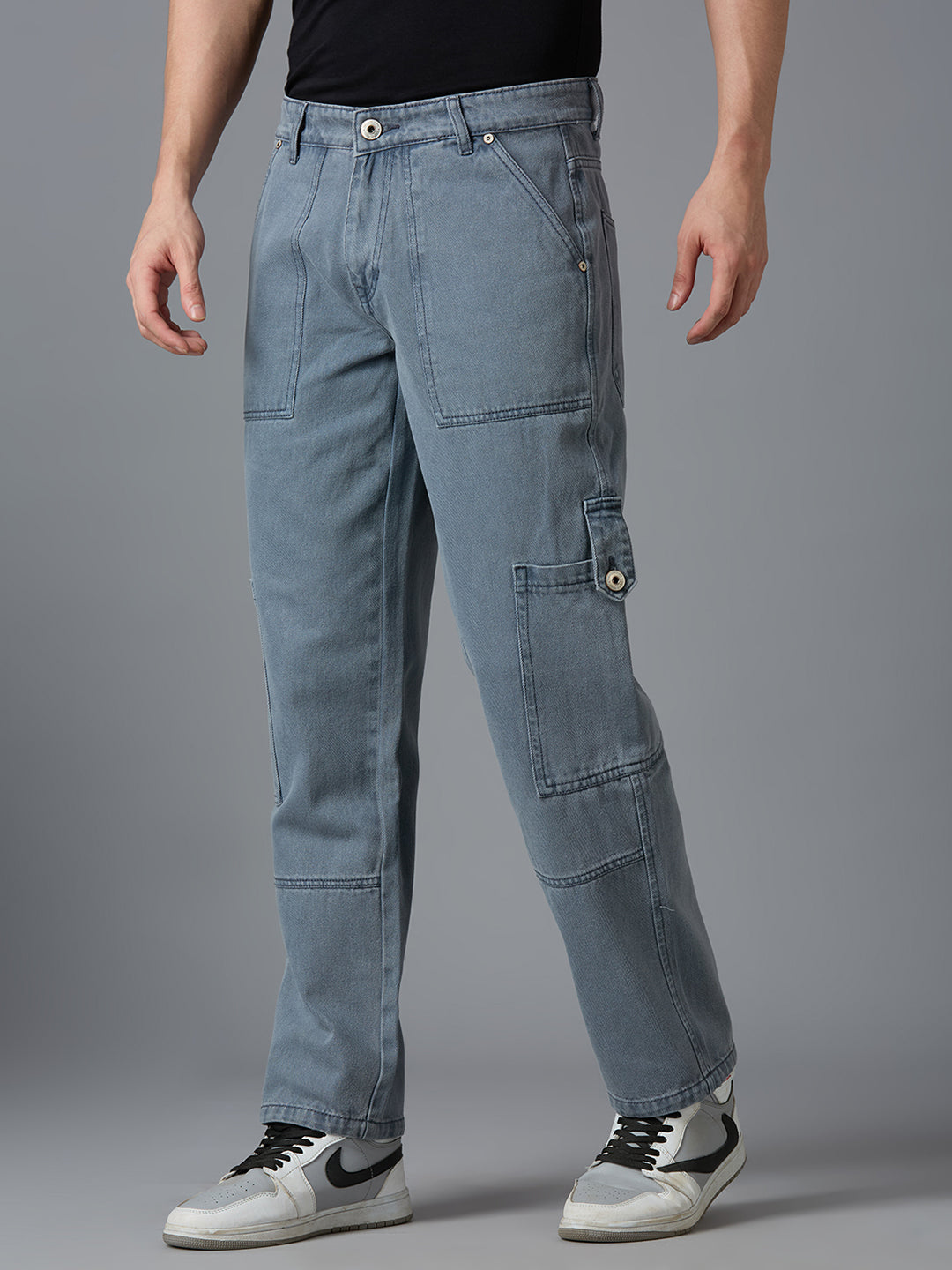 Side view of TCI Men's Dark Grey Cargo Jeans - Functional Pockets, Durable Fabric