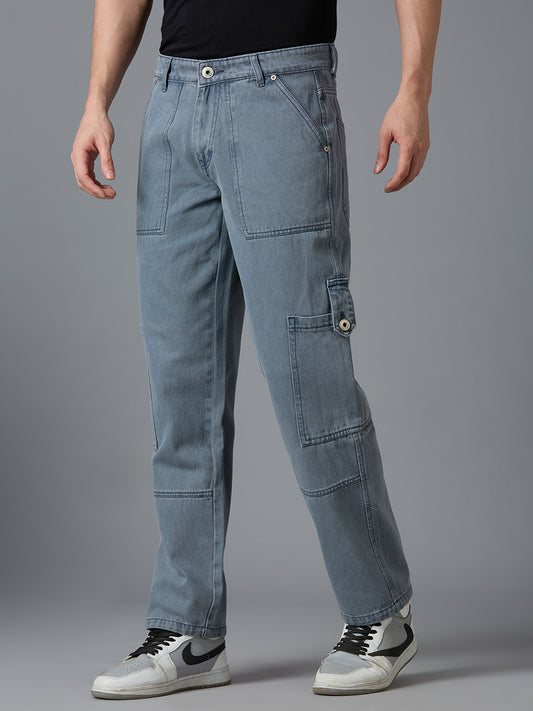 Side view of TCI Men's Dark Grey Cargo Jeans - Functional Pockets, Durable Fabric