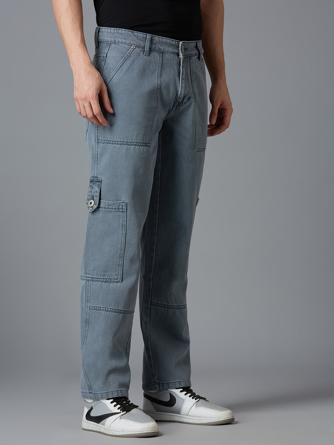 Angled shot of TCI Men's Dark Grey Cargo Pants - Casual & Trendy