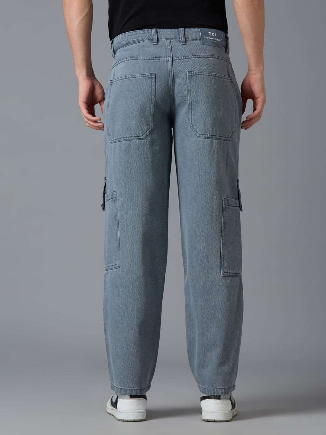 Back view of TCI Men's Dark Grey Cargo Jeans - Straight-Leg Fit with Pocket Detailing