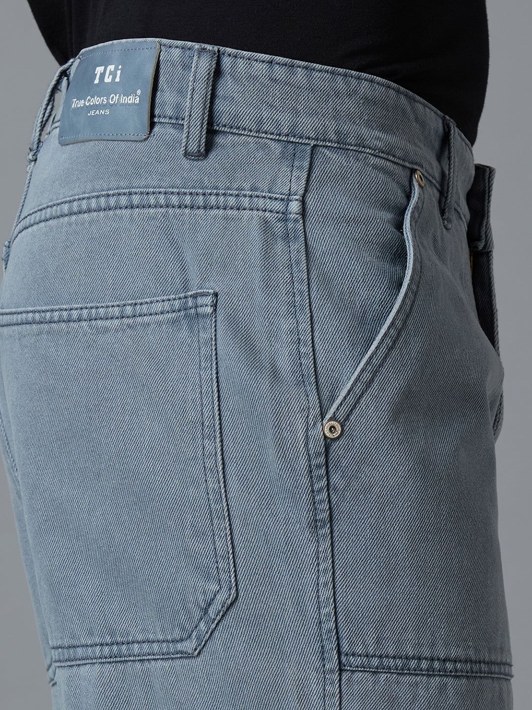 Detailed shot of TCI Men's Dark Grey Cargo Jeans - Premium Stitching & Pocket Design