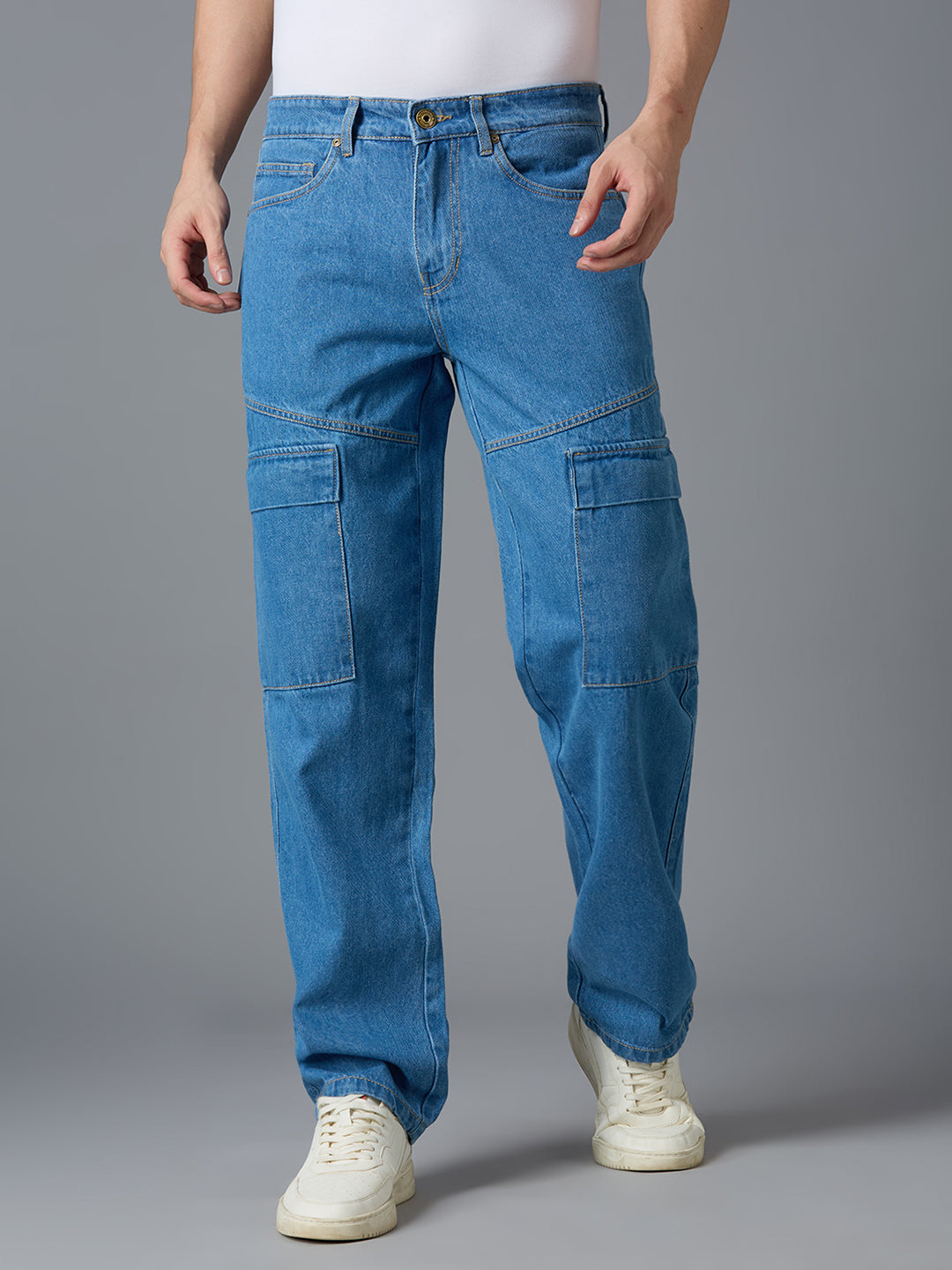 TCI Men's Wash Blue Denim Cargo Pants - Relaxed Fit, High Waist, Multi-Pocket Design
