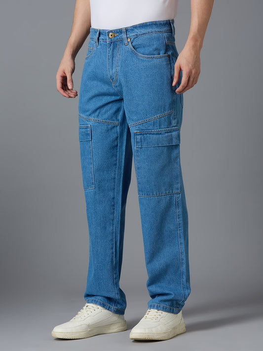 Side view of TCI Men's Blue Cargo Jeans - Utility Pockets, Straight-Leg Fit