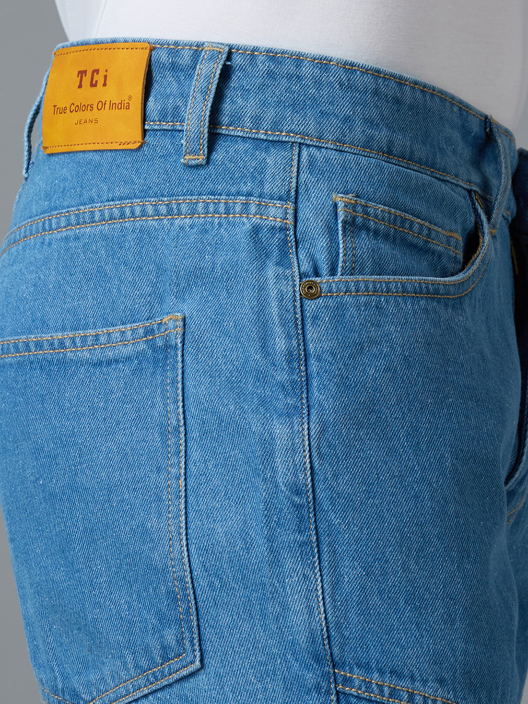TCI Men's Wash Blue Denim Cargo Pants - Relaxed Fit, Multi-Pocket, Utility Style - 100819