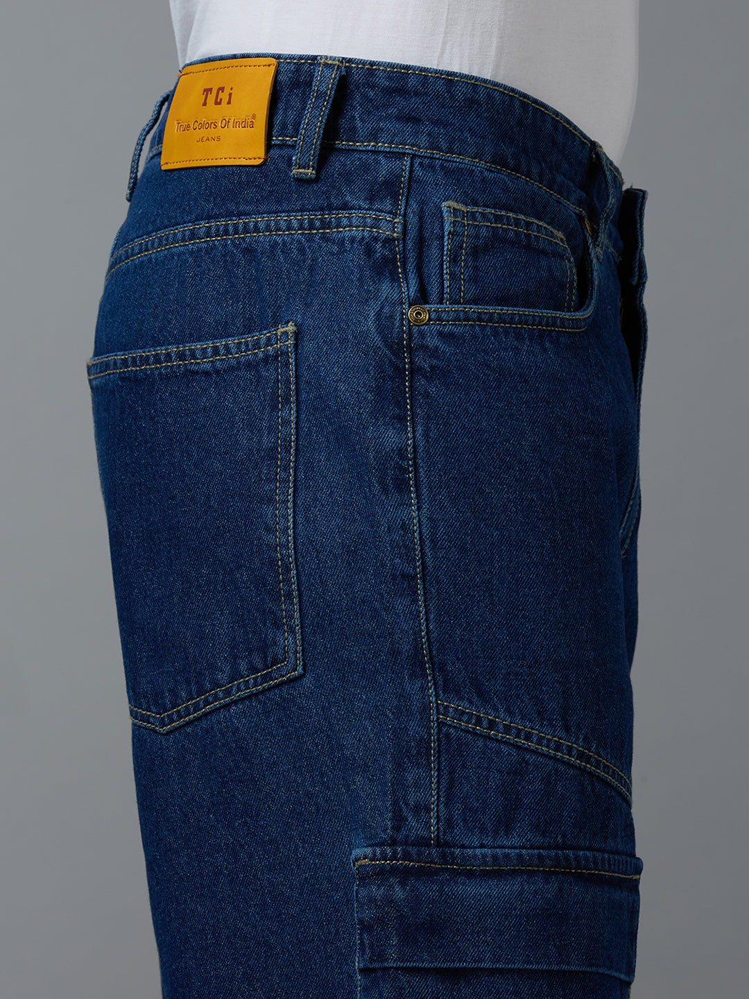 Close-up View of TCI Men's Blue Cargo Jeans