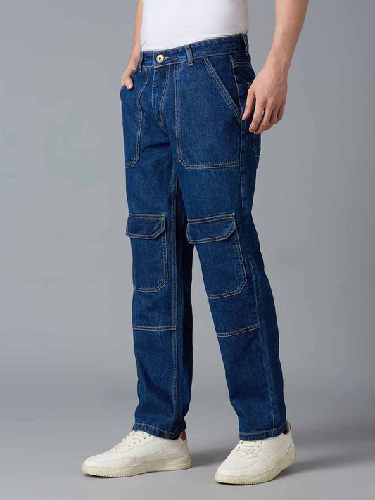 Side view of TCI Men's Ink Blue Cargo Jeans - Utility Pockets, Straight-Leg Fit