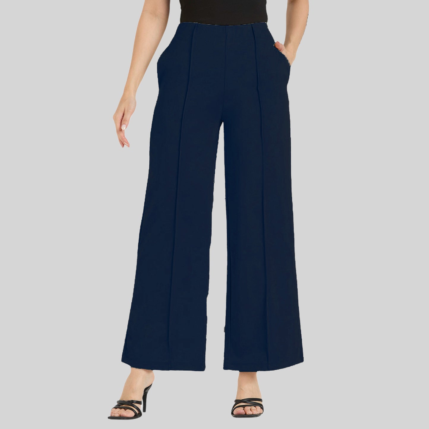 Cefalu Women Navy Blue Wide Leg Trousers