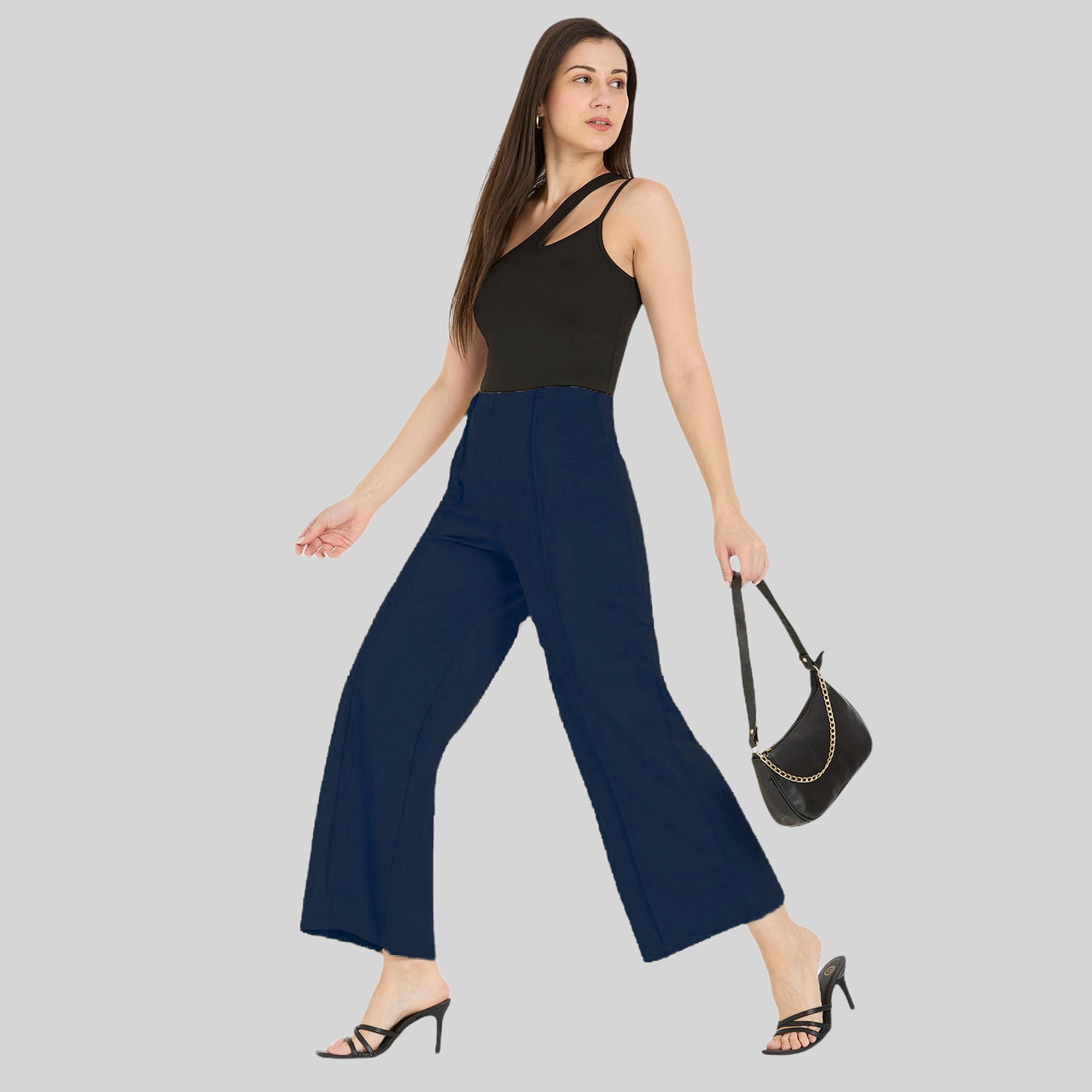 Cefalu Women Navy Blue Wide Leg Trousers