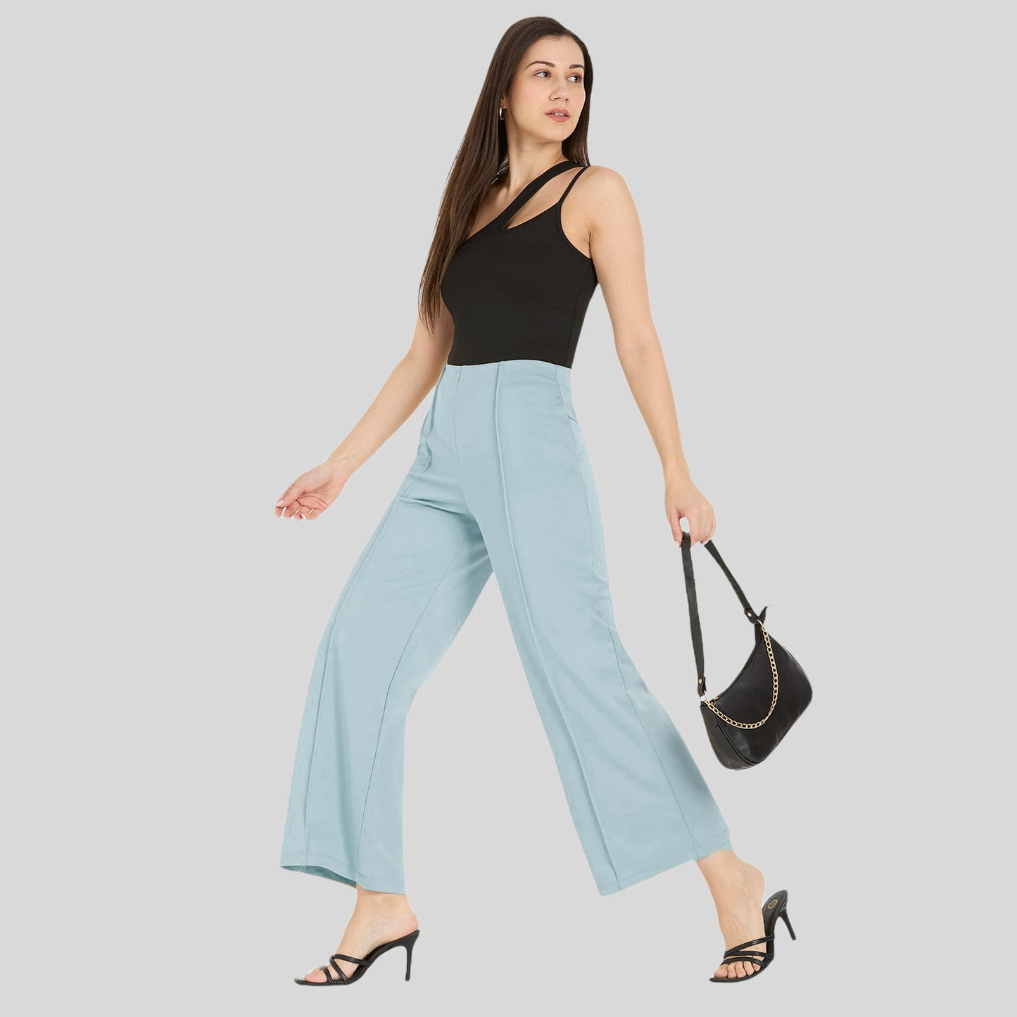 Cefalu Women Sky Blue Wide Leg Trousers