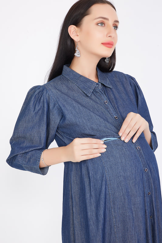 Close-up of the two horizontal zippers on Cefalu Women's Dark Blue Maternity Dress, emphasizing the functional design.
