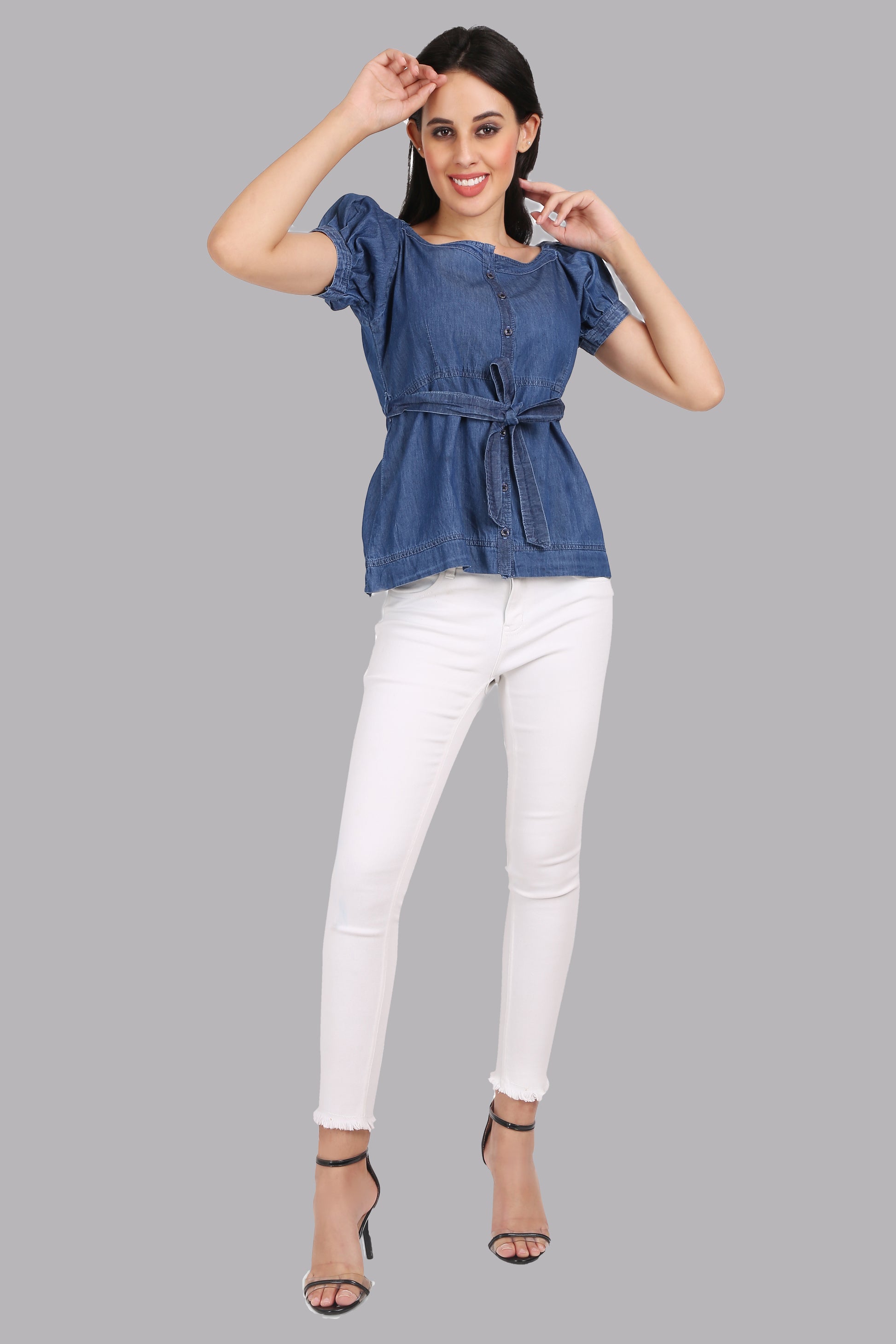 Cefalu Women's Blue Denim Top Styled with Casual Outfit - Full Length View