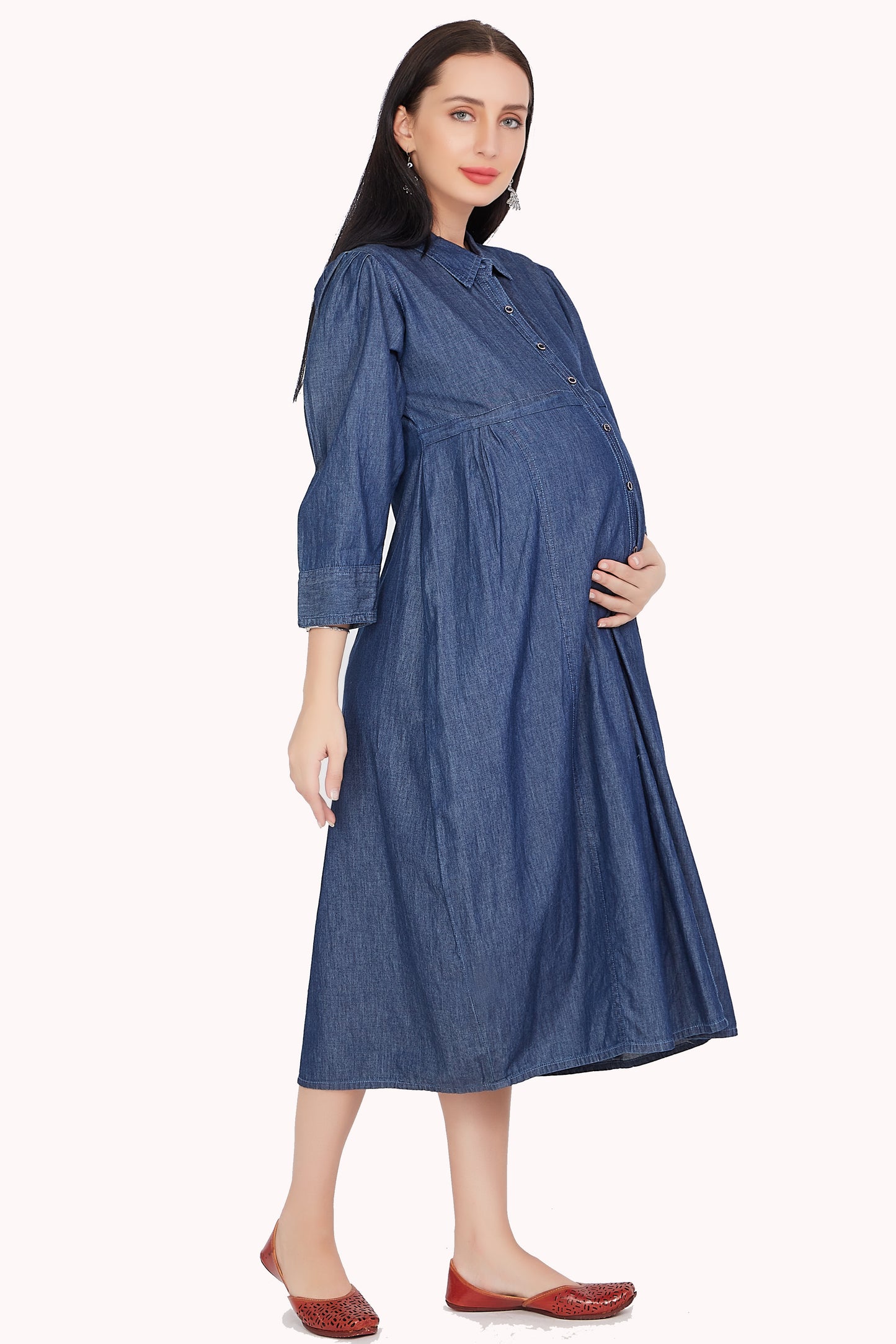 Side view of Cefalu Women's Dark Blue Maternity Dress, showing the 3/4th sleeves and elegant silhouette.