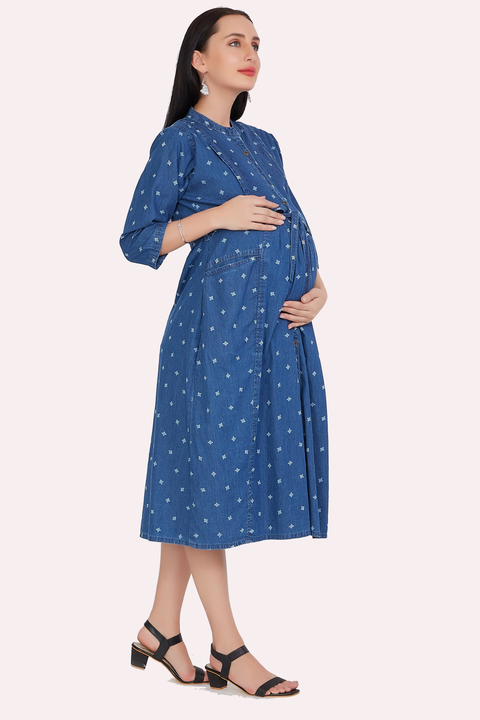 Full model view of Cefalu®️ Women's Dark Blue Maternity Dress, showcasing the elegant printed design, mandarin collar, and functional zipper pockets.