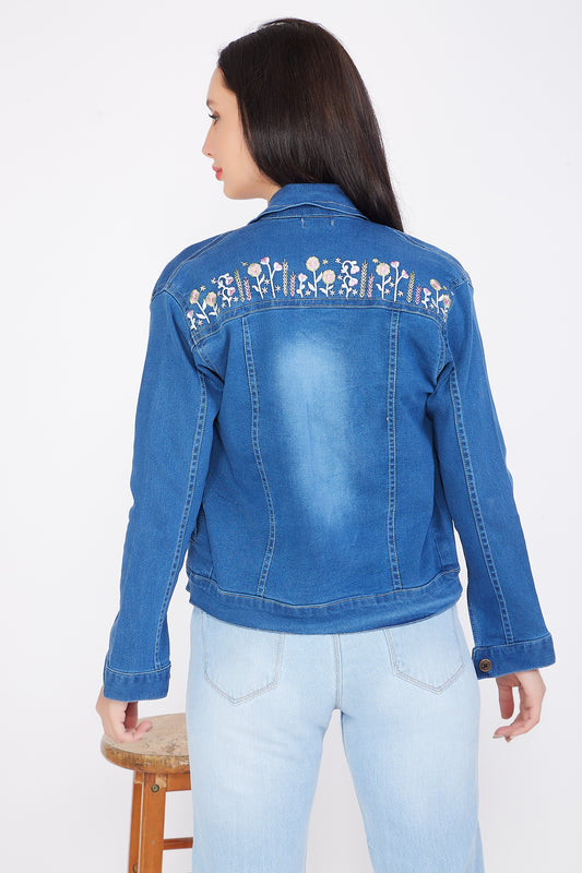 Back view of a model showcasing Cefalu®️ Women’s Blue Denim Jacket with embroidered detail