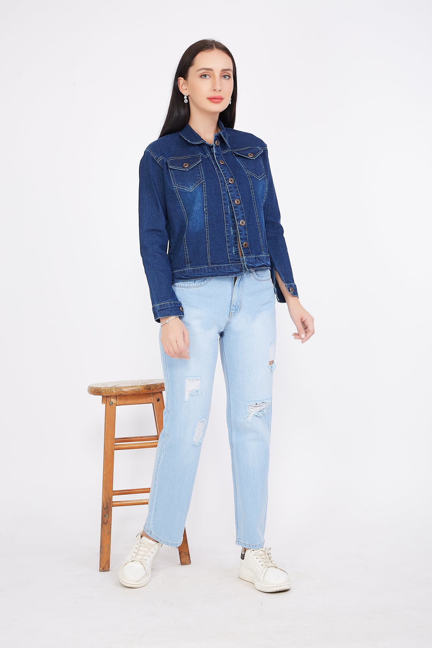 Full-length view of a model wearing Cefalu®️ Women’s Blue Denim Jacket, demonstrating its stylish fit and versatile design.