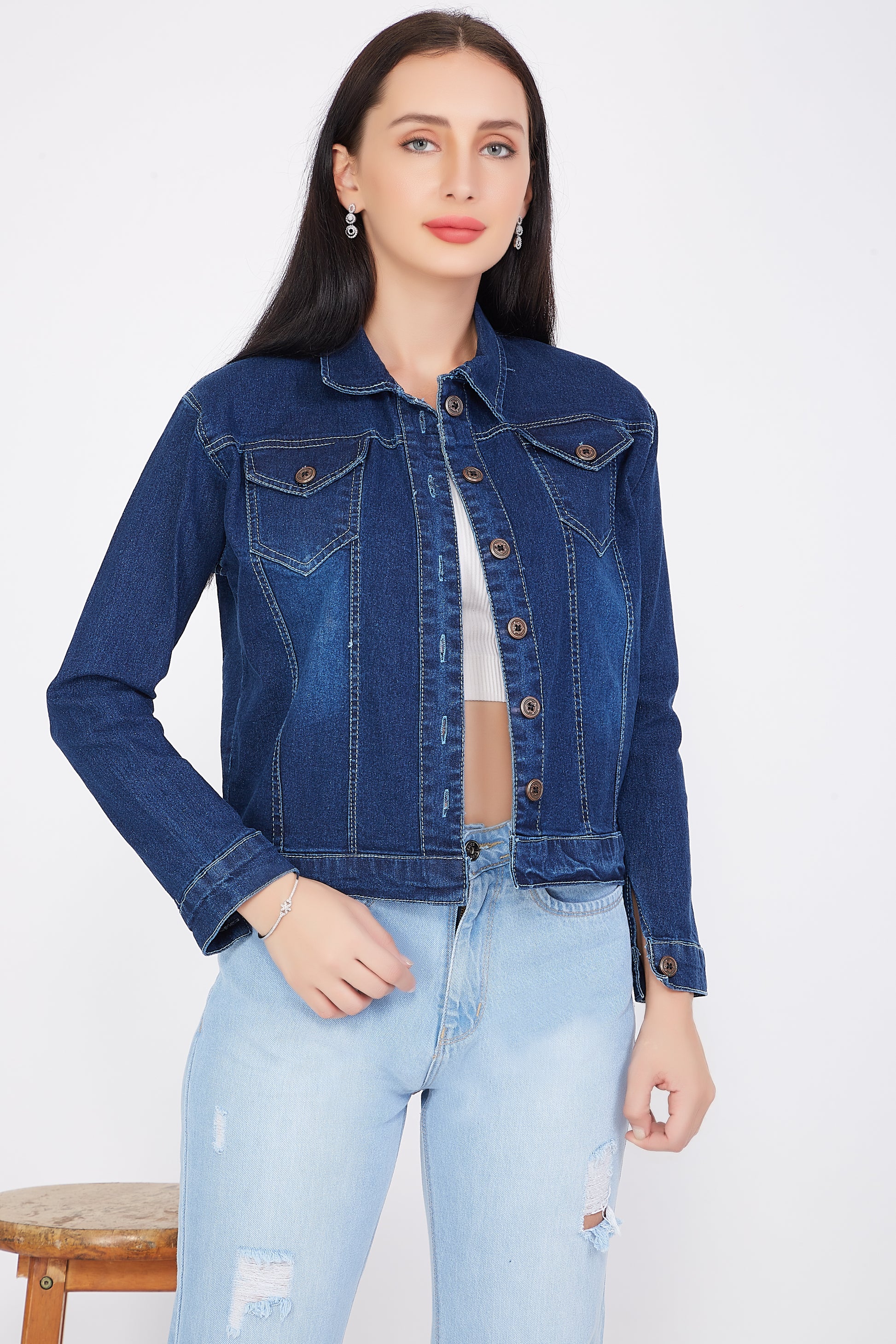 Front view of Cefalu®️ Women’s Blue Denim Jacket, featuring full-length sleeves, a stand collar, and a classic solid blue design.