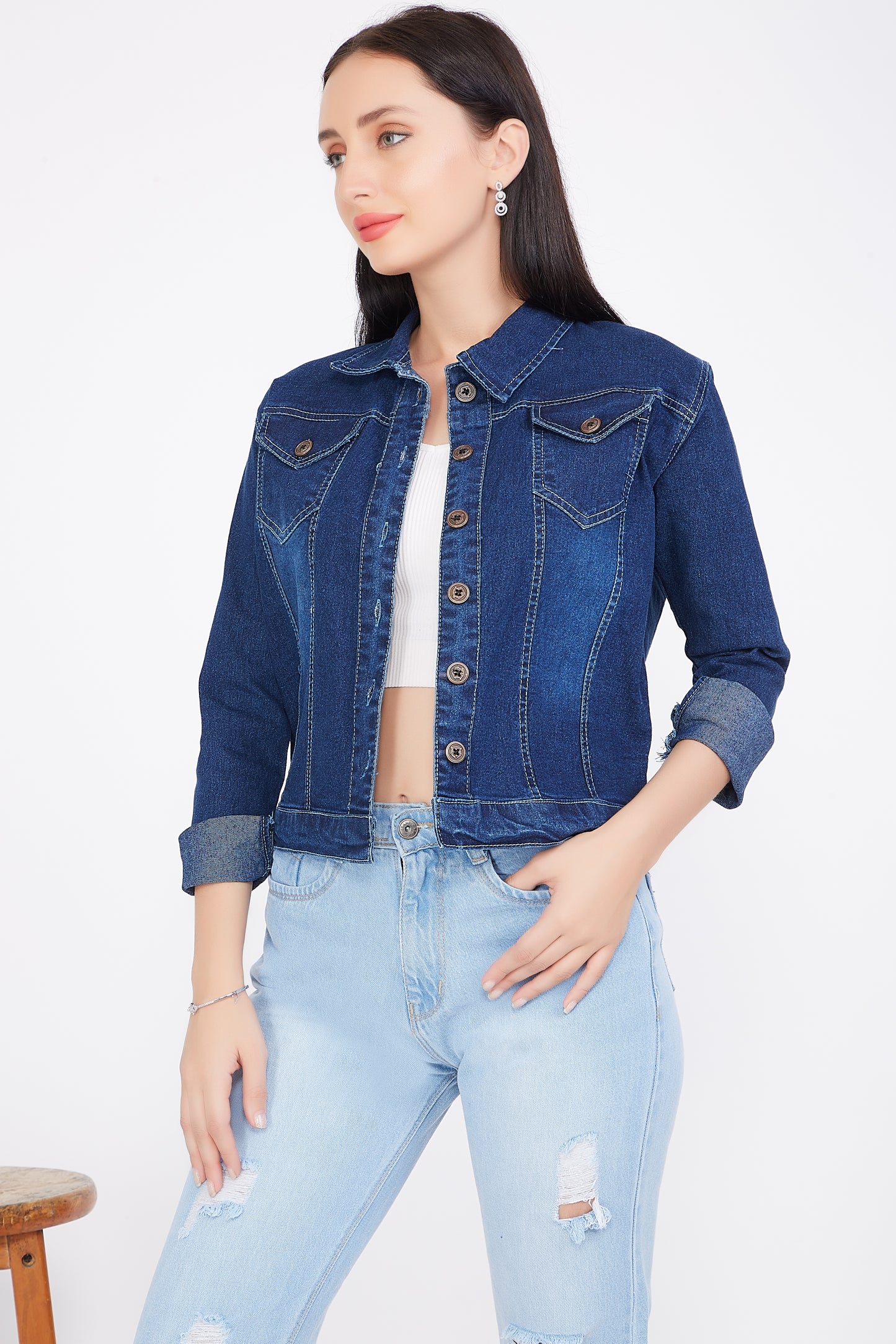 Side view of Cefalu®️ Women’s Blue Denim Jacket, showcasing the jacket’s full-length sleeves and stand collar.