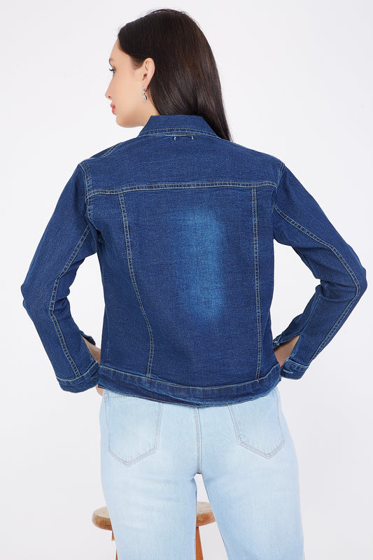 Back view of Cefalu®️ Women’s Blue Denim Jacket, highlighting the classic blue color and clean, simple design.