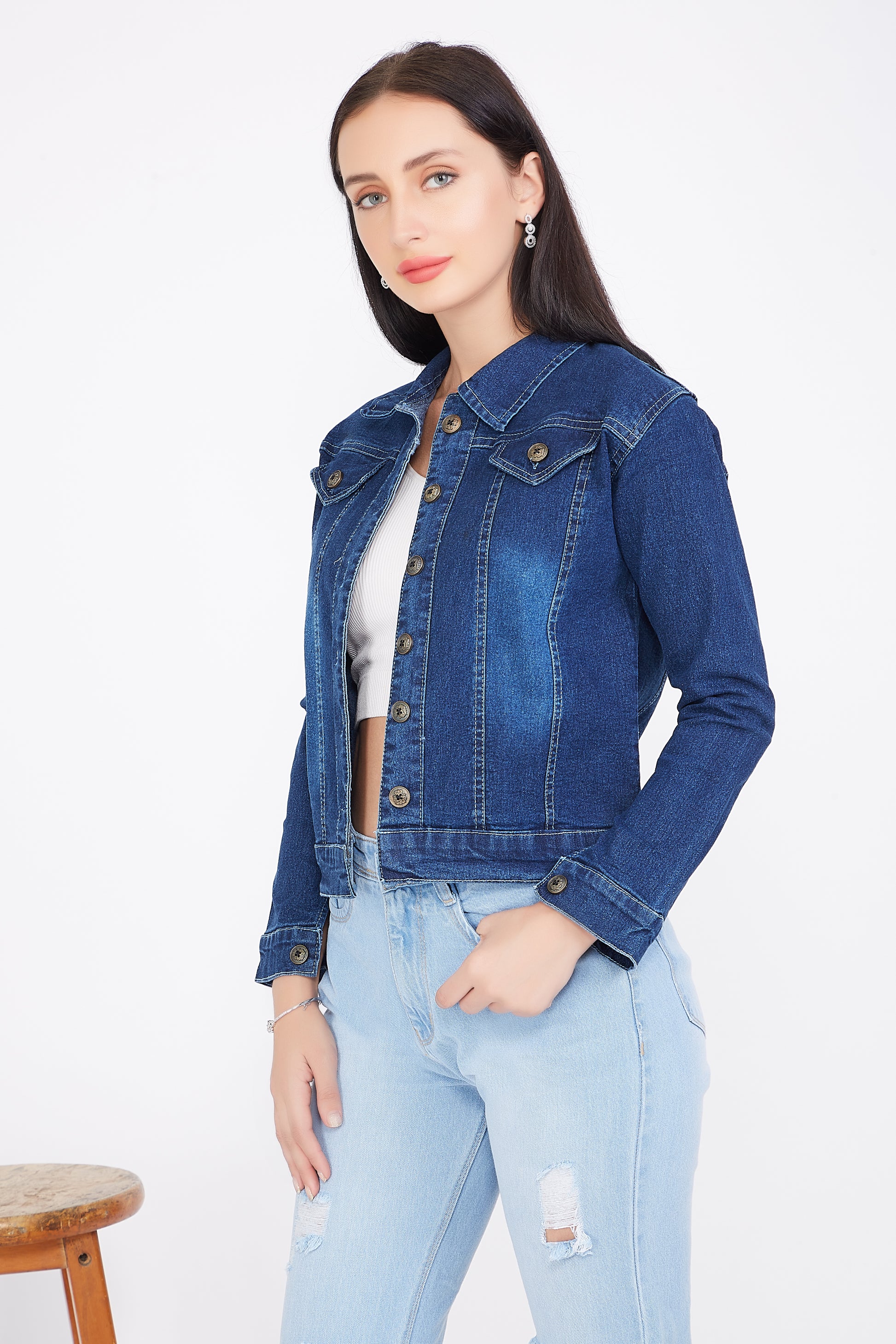Side view of Cefalu®️ Women’s Dark Blue Washed Denim Casual Jacket, focusing on the full-length sleeves and stand collar design.